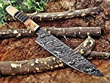 13.5 inches long hand forged Damascus steel kitchen chef knife, Natural KOW wood scale crafted with Bull horn and brass ...