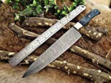 14 inches Long Hand Forged Damascus Steel Kitchen Knife, Black Natural Bull Horn Scale with Brass Bolster & Mossaic pin, ...