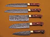 5 Pieces Damascus Steel Hammered Kitchen Knife Set, Custom Made Hand Forged Damascus Steel Kitchen Knives with Goat Suede Leather ...