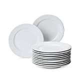 AmazonCommercial Service d’assiettes plates à bordure large, 12 pièces, Porcelaine, 19,05 cm, Blanc