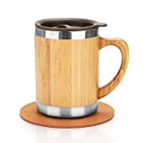 AVNICUD 350ML Tasse à café en acier inoxydable en Bambou,Tasse isolante avec Poignée, avec Sous-verre en liège et Couvercle, adapté ...