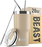 BEAST Mug Isotherme Cafe - 550ml (20oz) I Sable I Acier Inoxydable I Réutilisable, Tasses Isothermes I 2 Pailles et ...