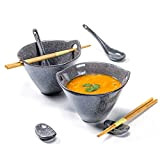 Bol Chinois pour Soupe, Bol Ramen Céramique avec Cuillère et Baguettes, Bols à Pâtes pour 2 Personnes - 600ml, Micro-onde ...