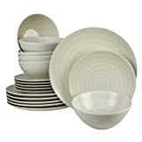 Cesiro Service de table 18 pièces 6 assiettes plates / assiettes à dessert / bols Beige brillant avec lignes blanches ...