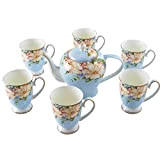 Court Style Tea Set for Adults Bone China Cups for Afternoon Tea and Coffee Teapot with 6 Tea Cups Large ...