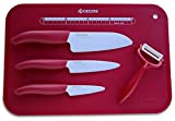 Couteaux Kyocera Ceramique-Couteau Santoku, un couteau utilitaire et un couteau éplucheur céramique Planche à découper-colonel Rouge