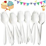 Crethink 50 pièces fourchettes et cuillères,6 pouces/14 cm cuillères à fourchette blanches,2 en 1 fourchettes et cuillères Utilisation pratique pour ...