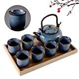 DUJUST Service à thé japonais - 8 pièces, service a the en porcelaine avec 1 théière, 6 tasses à thé ...