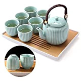 Dujust Service à thé japonais, service à thé en porcelaine bleu cyan avec 1 service à thé, 6 tasses à ...