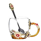 Enamel Craft Glass,Enamel Craft Glass Flower Tea Cup Lead-Free Coffee Drink Mugs with Spoon Personalised Gifts for Mum Wife Women ...