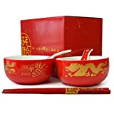 Ensemble de vaisselle chinoise en porcelaine avec bol, cuillère, baguettes en bois pour mariage festif