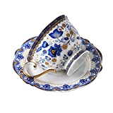 fanquare Vintage Tasse à Café en Porcelaine Fine Motif Fleurs Bleues, Ensemble de Tasse avec Soucoupe en Porcelaine, 200 ml