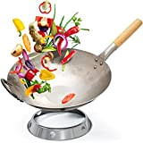 Flavemotion wok + anneau wok pour cuisinière à gaz, grill (36 cm, fond plat) wok martelé à la main en ...