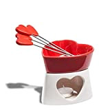 Fondue en chocolat en céramique en forme de cœur rouge 4 piques