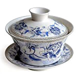 Gaiwan Sancai Ensemble de tasses à thé et soucoupes en porcelaine Bleu/blanc 200 ml