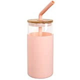 Gobelet en verre avec paille et couvercle, 719 ml, bouteille d'eau en verre avec paille et couvercle en bambou, rose