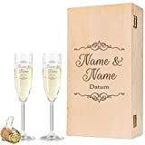 GRAVURZEILE Leonardo Verres à champagne – Design vintage + boîte en bois – Personnalisé avec nom et date – Boîte ...
