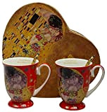 Gustav Klimt Classic Le Baiser Lot de 2 tasses à café et 2 cuillères Rouge Le Baiser avec boîte cadeau