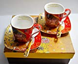 Gustav Klimt Lot de 2 tasses à expresso Rouge "Le Baiser" Porcelaine avec boîte cadeau
