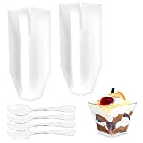 Gvolatee 50 pièces 2oz/60 ml tasses coupes gobelets à dessert avec cuillères plastique,verrines à dessert réutilisables transparents Carrés pour pudding, ...