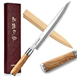 HEZHEN Couteau Sashimi 27CM,Style Japonais Forger l'acier Yanagiba Couteau,Couteau à Sushi Filetage,Manche en Bois D'olivier Gaine de Couteau en Bois