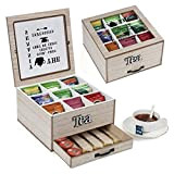 JAZUIHA Boîte à thé en bois avec tiroir – Boîtes à thé rustiques pour sachets à thé – Grand organisateur ...