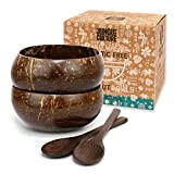 Jungle Culture® Bols Noix de Coco à Motifs et Cuillères • Jeu de 2 Bols Coco, Paille Bambou, Pochette • ...
