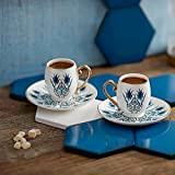 Karaca Iznik Service à café pour 2 personnes, 2 tasses à expresso et 2 soucoupes, tasse moka robuste, bord épais, ...