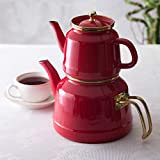 Karaca Set de théières en émail rétro rouge, compatible à induction, bouilloire, infuseur à thé 1,1 l, bouilloire 2,3 l, ...