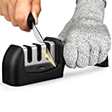 Kitchen Knife Sharpeners, 3 Stage Manual Knife Sharpener with Cut Protection Gloves Knife Sharpening Tool with Diamond Coated, Tungsten Steel ...