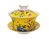 KOPYFANTAP Ensemble de Tasses à thé en Traditionnelle Chinoise Kungfu Porcelaine Chinoise,Jaune Gaiwan Tasses à Thé avec Motifs Fleurs et ...