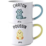 Le Fabuleux Shaman 40-2X-012 Mugs Duo Empilables Chaton Poussin Set de 2 Assortis Blanc Gris et Jaune Céramique D14 x ...