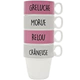 Les Vilaines Filles 41-VF-025 Tasses à café empilables Greluche Morue Relou Crâneuse Set de 4 assorties Rose gris et blanc ...