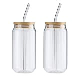 Liuyoyo Lot de 2 tasses en verre avec couvercles en bambou et pailles en verre, verres réutilisables pour smoothie, canette ...