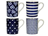 London Pottery Out of the Blue Tulipe Lot de 4 tasses à café/thé en grès avec motifs assortis Bleu marine ...