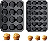 Lot de 2 moules à muffins en silicone antiadhésif pour 12 muffins, cupcakes, brownies, gâteaux, puddings, muffins - Noir