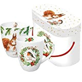 Lot de 2 tasses à café écureuil + rouge-gorge avec boîte cadeau animaux de la forêt