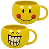 Lot de 2 tasses à café et thé jaune 30 cl avec motif émoji visage smiley en coffret cadeau (2)