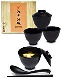 Lot de 4 bols à soupe (16 pièces) de style japonais traditionnel en mélamine avec couvercles assortis, cuillères et baguettes ...