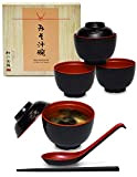 Lot de 4 bols à soupe (16 pièces) de style japonais traditionnel en mélamine avec couvercles assortis, cuillères et baguettes ...