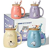 Lot de 4 tasses à café en céramique en forme de chat mignon avec couvercle en forme de chat et ...