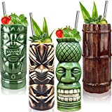 Lot de 4 verres Tiki Bar Accessoires – Tasses Tiki Grands gobelets en céramique pour cocktail hawaïen Luau Party Mugs ...