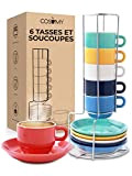 Lot de 6 Tasses à Expresso avec Support et Soucoupes Incluses - Empilables - Lavables au Lave-vaisselle - Céramique Colorée ...