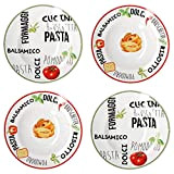 MamboCat Set de 4 pastatellers blancs décorés Service de table rouge et vert Vaisselle en faïence avec inscriptions et motifs ...