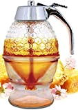 MMCCHB Pot de miel, distributeur de sirop, beau verre de miel en nid d'abeille, verre de miel avec support, bouteille ...