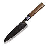 Moritaka Santoku couteau de chef japonais traditionnel forgé à la main, manche en bois de noyer, lame en acier Aogami ...