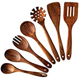 Nayahose Lot de 7 ustensiles de cuisine en bois, élégants, solides et antiadhésifs Cuillères et spatule en bois de teck ...