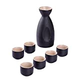 NEWQZ Service à saké japonais traditionnel en céramique noir 7 pièces comprenant 1 pot et 6 tasses