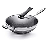 Nonstick Frying Pan Stainless Steel Wok Honeycomb Frying Pan with Glass Lid Saute Pan Kitchen Cookware