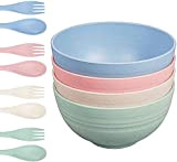 PIQIUQIU Lot de 4 bols en plastique incassables, 4 couleurs, fourchette et cuillère, passent au micro-ondes et au lave-vaisselle